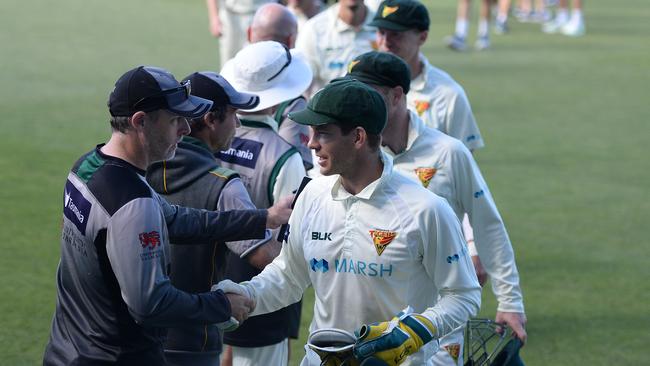 Tim Paine of the Tigers shakes hands after the win during day three of the Sheffield Shield match between Tasmania and New South Wales. (Photo by Steve Bell/Getty Images)