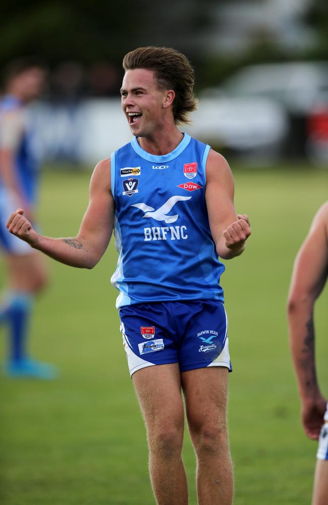 BFL: Barwon Heads v Portarlington. Barwon Heads Archie Hildebrandt celebrates a goal. Picture: Mike Dugdale