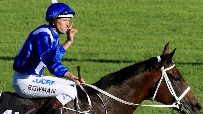 Hugh Bowman onboard Winx after winning the Apollo Stakes at Randwick. Picture: Mark Evans