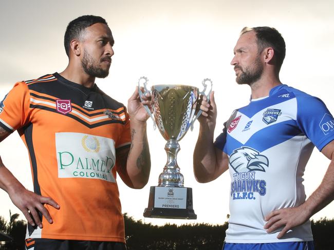 Captains Eni Folau and Sam Meskell with the trophy before the grand final between the Southport Tigers and the Tugun Seahawks at UAA Park (Pizzey Park). Picture Glenn Hampson