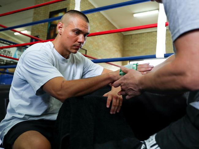 Tszyu gets his hands wrapped ahead of one of his last training sessions in Sydney. Picture: Brendon Thorne/Getty Images