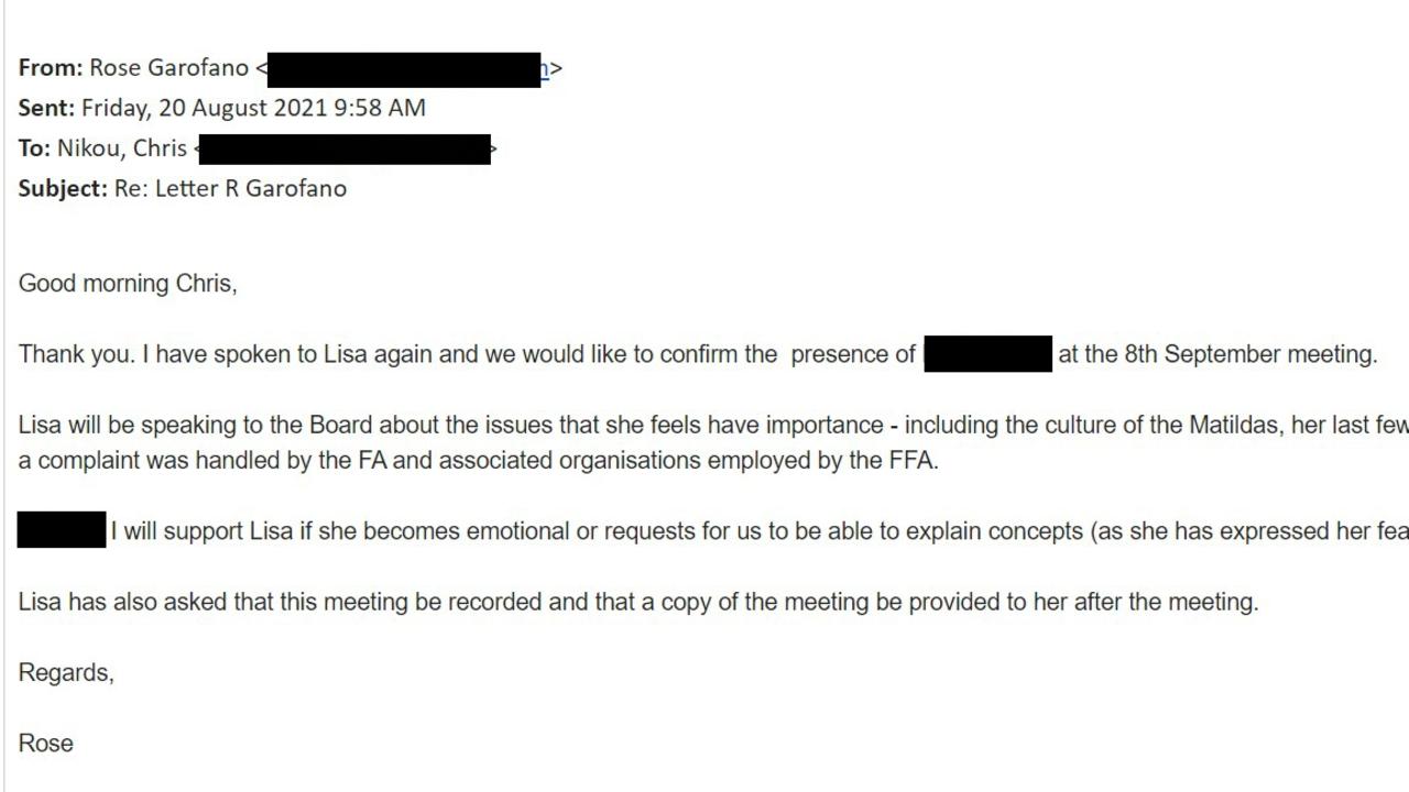 Rose Garofano’s correspondence with FFA Chairman Chris Nikou on 20 August, 2021. Supplied