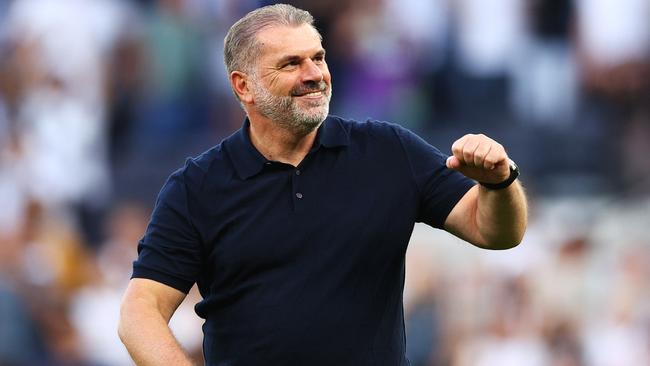 LONDON, ENGLAND - AUGUST 19: Ange Postecoglou, Manager of Tottenham Hotspur, celebrates following the team's victory during the Premier League match between Tottenham Hotspur and Manchester United at Tottenham Hotspur Stadium on August 19, 2023 in London, England. (Photo by Clive Rose/Getty Images)