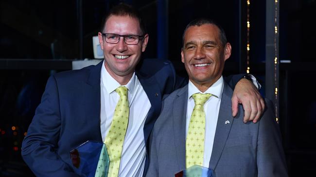 2019 Australians of the Year Dr Richard Harris and Craig Challen pose for photos at the 2019 Australian of the Year Awards at The National Arboretum in Canberra. Picture: AAP