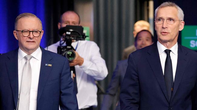 Anthony Albanese and NATO Secretary General Jens Stoltenberg arrive for the start of a meeting with NATO's Indo-Pacific partners during the NATO summit, in Vilnius. Picture AFP.