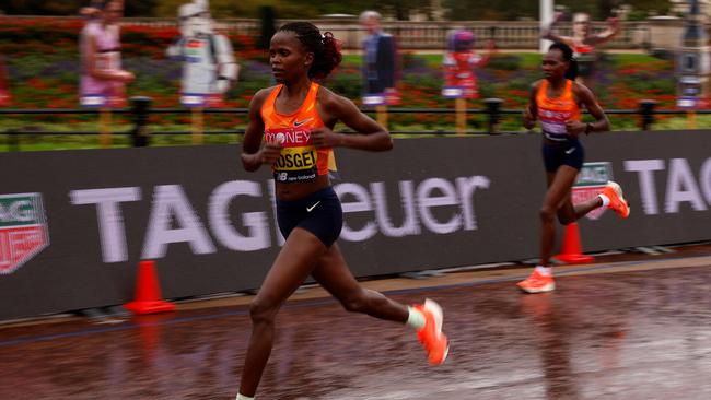 Kenya’s Brigid Kosgei (left) and Ruth Chepngetich (right) are leading hopes in today’s women’s marathon. Picture: AFP