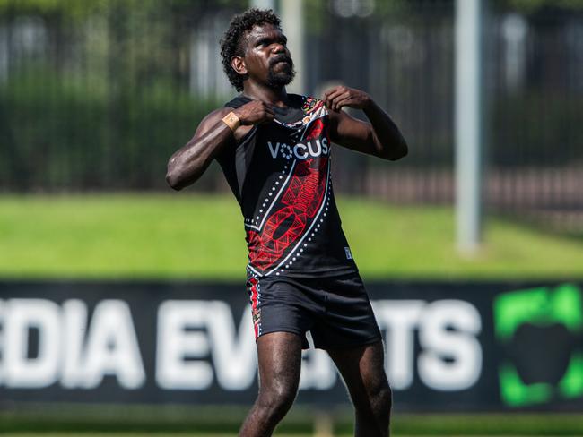 Brendan Kantilla celebrates a huge match for the Tiwi Bombers against Wanderers in the opening round of the 2024-25 NTFL season. Picture: Pema Tamang Pakhrin