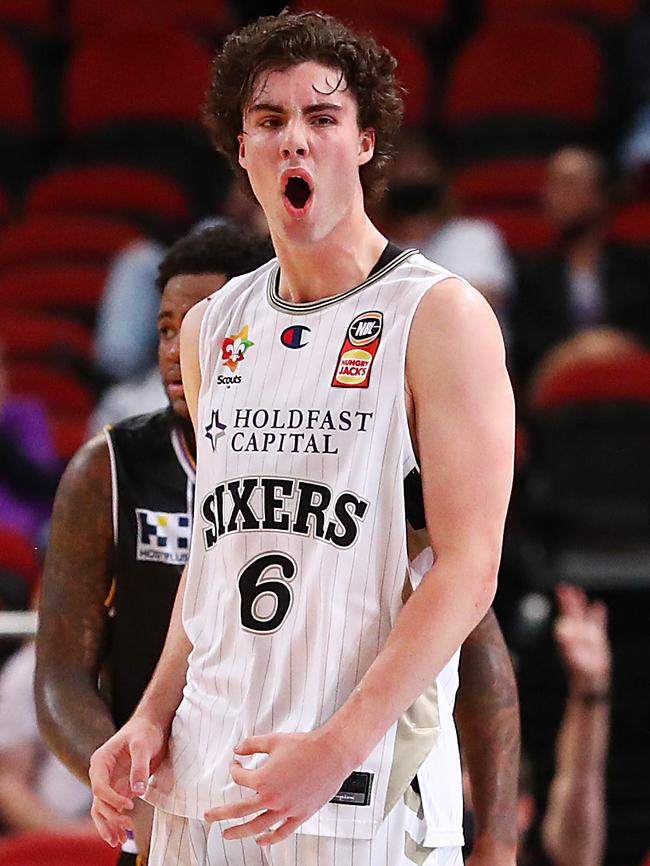 Josh Giddey celebrates a basket against the Kings. Picture: Mark Metcalfe/Getty