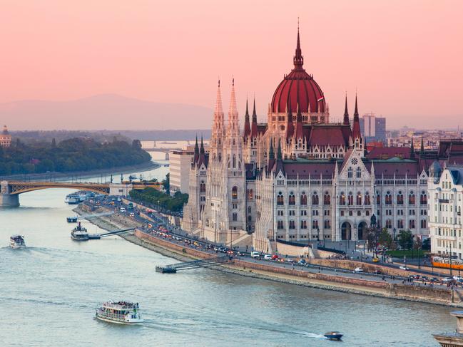 Pink skies above the Hungarian parliament building, Budapest.