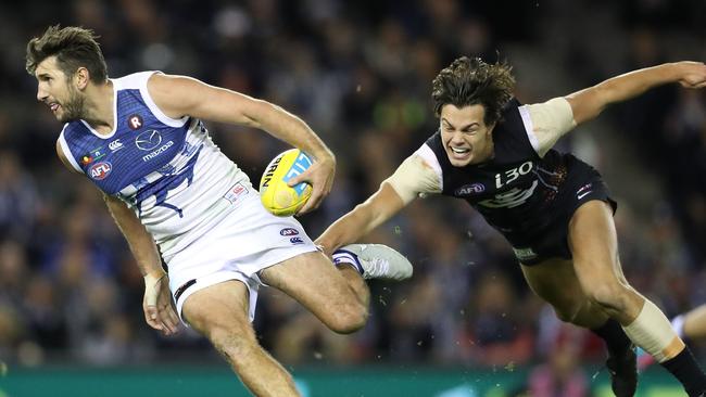 North Melbourne’s Jarrad Waite breaks clear of Blues youngster Jack Silvagni. Picture: Getty Images