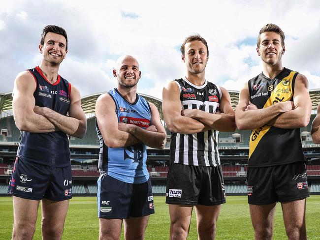 SANFL FINALS launch at The Adelaide Oval. Norwood's Matthew Panos, Sturt's Zane Kirkwood, Port Adelaide Cameron Sutcliffe, Glenelg Chris Curran and Adelaide's Matthew Wright Picture SARAH REED