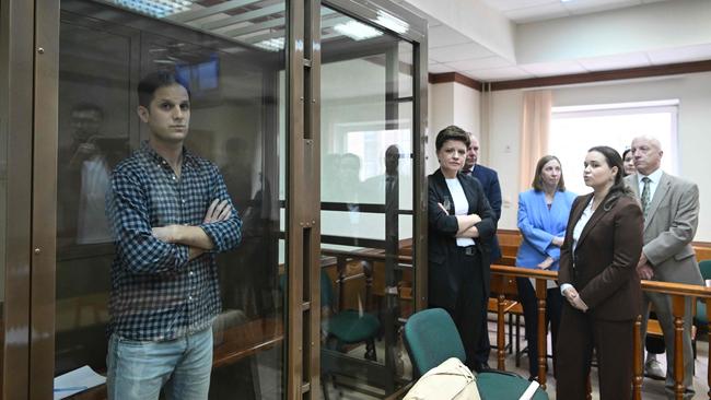 US journalist Evan Gershkovich in the defendant’s cage. Picture: Natalia Kolesnikova/AFP