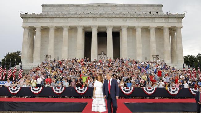 Donald Trump and Melania Trump in front of the Lincoln Memorial. Picture: AP.