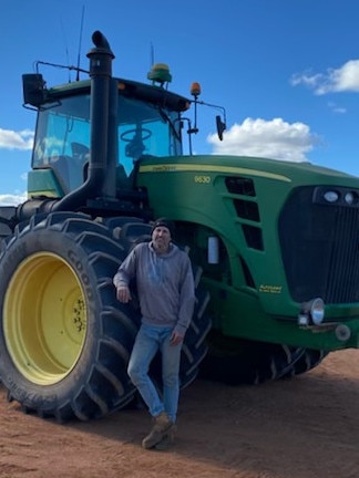 South Australian grain grower Brett Zibell crops about 6000ha at Kimba on the Eyre Peninsula. He couldn't find a replacement tyre for his John Deere 9630 articulated tractor during May sowing due to nationwide tyre shortages. Picture: Supplied