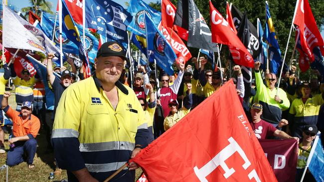 Rob Hill of the Electrical Trades Union leads a protest on the Cairns Esplanade. Picture: Brendan Radke