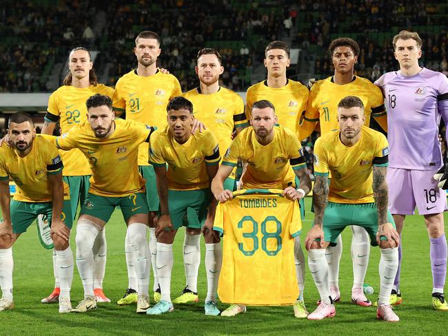 PERTH, AUSTRALIA - JUNE 11: The Australian starting eleven pose during the Second Round FIFA World Cup 2026 Qualifier match between Australia Socceroos and Palestine at HBF Park on June 11, 2024 in Perth, Australia. (Photo by Paul Kane/Getty Images)