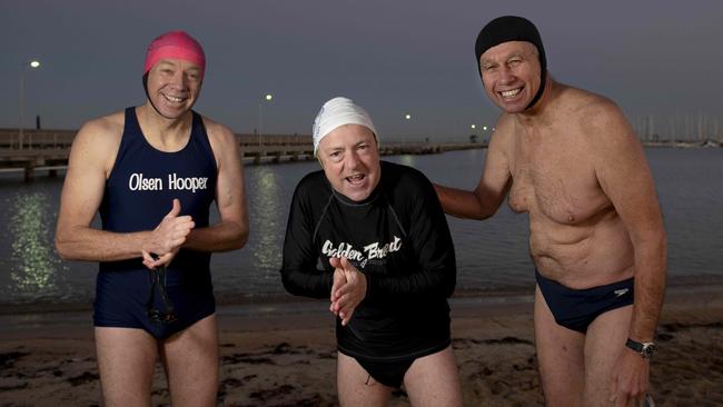 Simon Plant went swimming with the famous Icebergers early-morning, cold-water swimmers at Brighton. Picture: Naomi Jellicoe