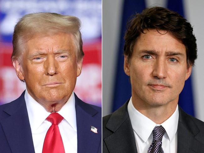 (FILES) (COMBO) This combination of pictures created on November 29, 2024 shows former US President and Republican presidential candidate Donald Trump (L) looking on during a campaign rally at PPG Paints Arena in Pittsburgh, Pennsylvania on November 4, 2024 and Canadian Prime Minister Justin Trudeau looking on during a press conference with French President Emmanuel Macron in Montreal, Canada, on September 26, 2024. US President-elect Donald Trump on December 10, 2024 mocked Canada's Justin Trudeau as the "governor" of a state, rather than prime minister of the giant US neighbor. (Photo by CHARLY TRIBALLEAU and Ludovic MARIN / AFP)