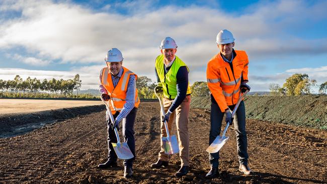 Stanwell CEO Michael O’Rourke, Energy Minister Mick de Brenni and Cubico's David Smith at the site of the Wambo Wind Farm near Dalby.