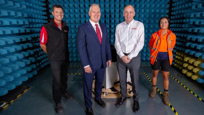 Chris Wright, Anthony Kittel, Scott Begbie and Kim Robinson in the REDARC product interference testing room. Picture: Ben Clark