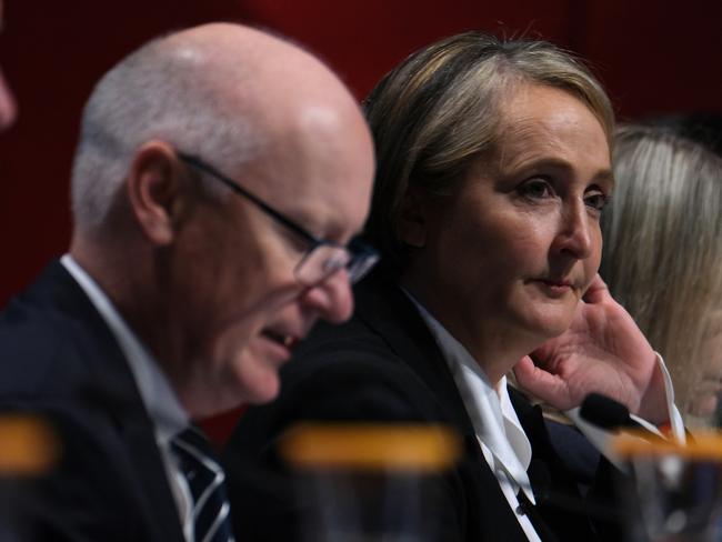 MELBOURNE, AUSTRALIA - NewsWire Photos NOVEMBER 3, 2023: Qantas Chair Richard Goyder  is seen sitting next to CEO Vanessa Hudson during the Qantas Annual General Meeting (AGM), in Melbourne., Picture: NCA NewsWire / Luis Ascui