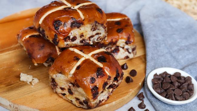 The Grumpy Baker’s chocolate chip Hot Cross Buns. Picture: Jenifer Jagielski