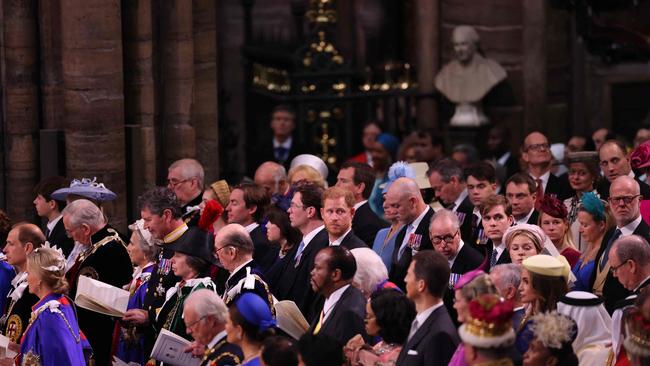 Prince Harry, Duke of Sussex (3rd row 4th right) wasn’t on the other side of the nave from his family, as he was at the Platinum Jubilee. But he was seated with the also-rans in the third row. Picture: Getty