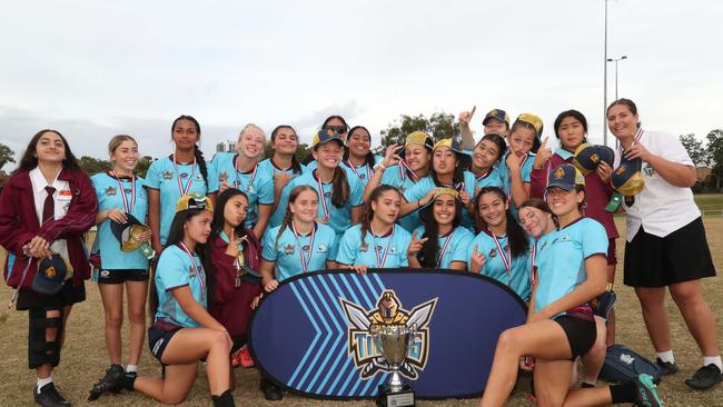 The Keebra Park Girls year 9-10 division one team celebrate a nailbiting win against Mabel Park... Picture Glenn Hampson