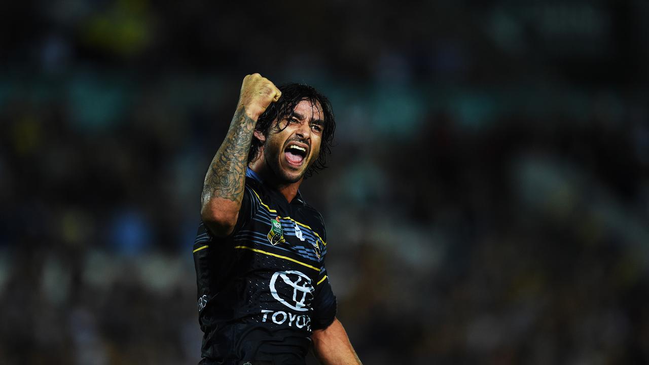 Cowboys Johnathan Thurston celebrates a win against the Brisbane Broncos at 1300SMILES Stadium. Picture: Zak Simmonds, September 2016