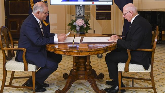 Scott Morrison and Governor-General David Hurley attend as Alex Hawke MP is sworn-in as Minister for Immigration during a virtual swearing-in ceremony at Government House on December 22, 2020 in Canberra.