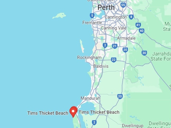 Map locating Tims Thicket Beach south of Perth.