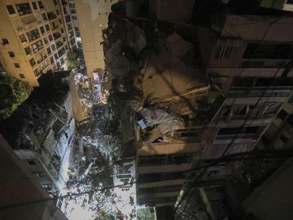 The destroyed top floors of an eight-storey building following an Israeli military strike on Beirut's southern suburbs. Picture: AFP