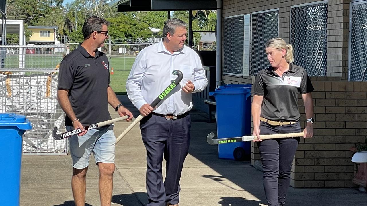 Mackay Hockey Association treasurer Melissa Sorensen, LNP candidate for Dawson Andrew Willcox and Mackay Hockey Association president Matt Murphy. Funding announcement for Mackay Hockey grandstand 13 May 2022. Picture: Max O'Driscoll