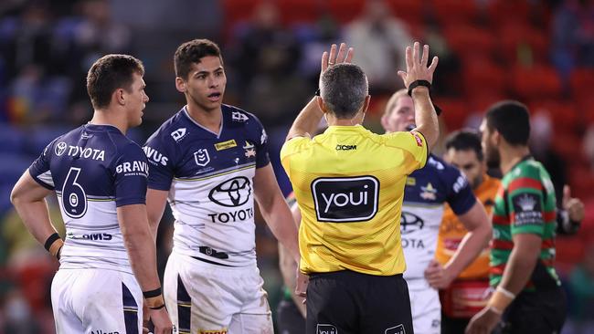 Heilum Luki was controversially sin-binned, despite Liam Knight seemingly getting away with a high shot minutes earlier. Picture: Getty Images.