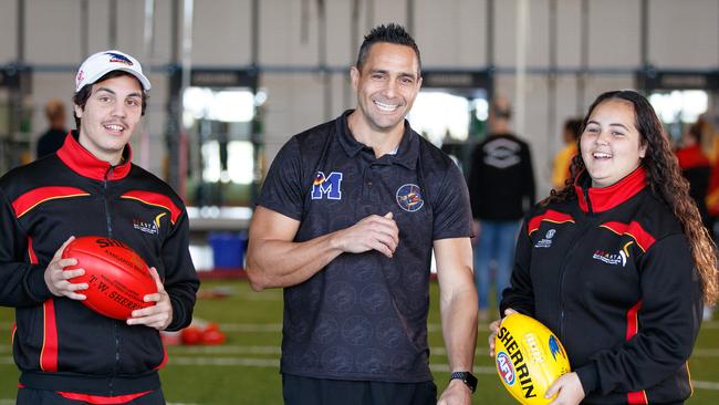 Andrew McLeod in happier times at West Lakes with South Australian Aboriginal Sports Training Academy C students Keynan Harradine (Murray Bridge) and Keleia West (avenues school) at West Lakes.