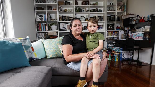 Kelly McDermott alongside 3 year old son Noah McDermott as Kelly lost her husband Chris 10 weeks ago and now she has been burgled and the things he gave her were stolen. Picture: Zak Simmonds