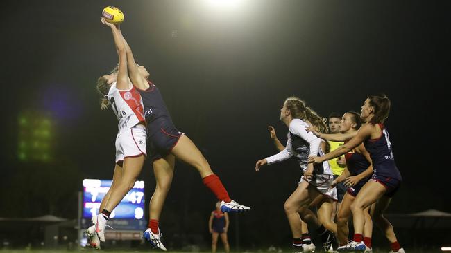 St Kilda’s Rhiannon Watt and Lauren Pearce of the Demons battle for possession at Casey Fields. Picture: Getty Images