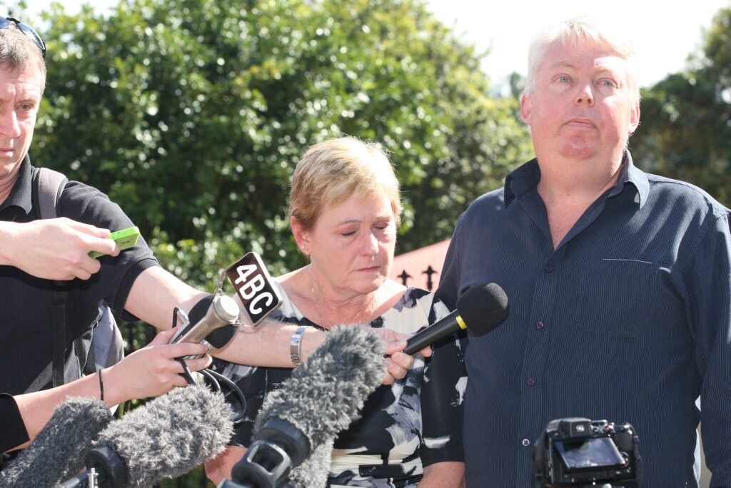 Denise and Bruce Morcombe talk to the media outside their home after police announced the night before that they have charged a man with the murder of their son Daniel. Picture: Nicholas Falconer