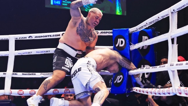 Mark Hunt throws a punch as Sonny Bill Williams goes down during the heavyweight fight between Sonny Bill Williams and Mark Hunt  at Aware Super Theatre on November 05, 2022 in Sydney, Australia. (Photo by Mark Evans/Getty Images)