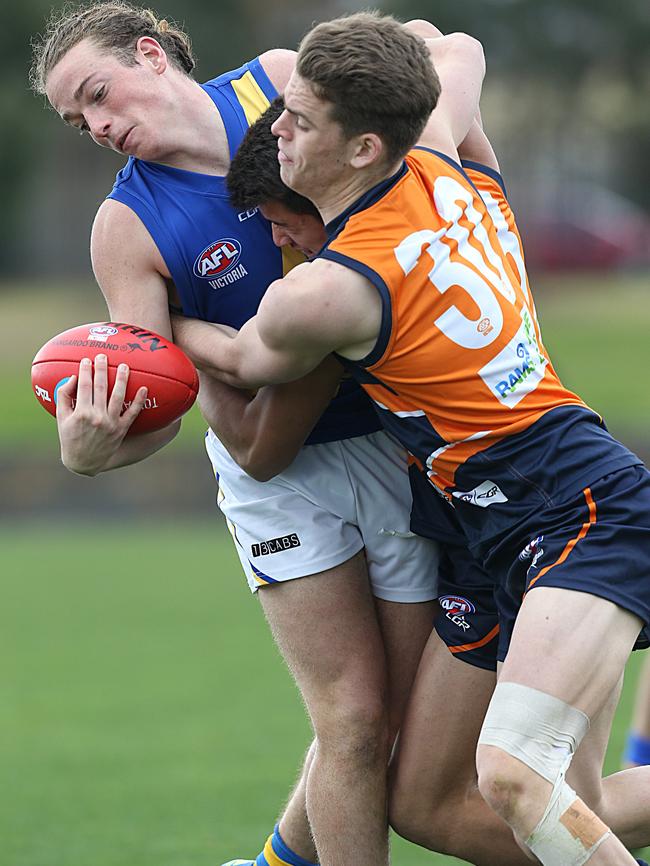 Mitch Podhajski lays a big tackle for Calder Cannons against Western Jets last year. Picture: Ian Currie.