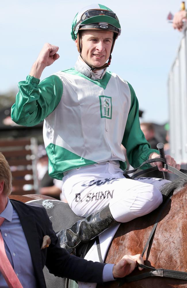 Blake Shinn acknowledges his win aboard My Country. Picture: Jono Searle