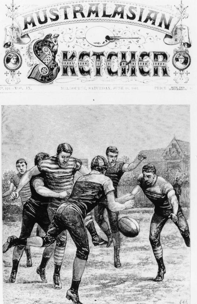 The front page of Australasian Sketcher on June 18, 1881, depicts an Australian rules football game between Carlton and Melbourne. Picture: News Corp Australia