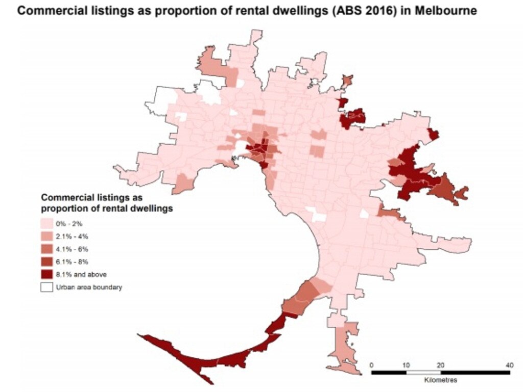 Melbourne’s commercial Airbnb listings at March 2018, compared to rental dwellings (based on the 2016 census). Picture: Australian Housing and Urban Research Institute