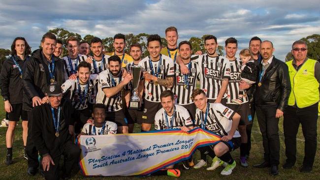 Adelaide City's NPL squad celebrating its 2017 premiership win at Adelaide City Park.