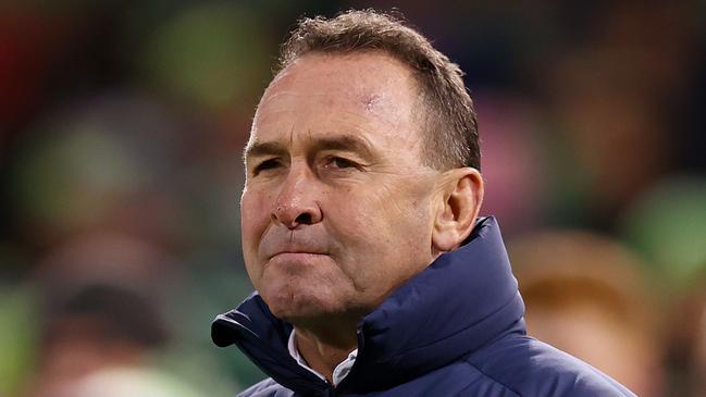 CANBERRA, AUSTRALIA - JUNE 09: Raiders coach Ricky Stuart watches on during the round 15 NRL match between Canberra Raiders and New Zealand Warriors at GIO Stadium on June 09, 2023 in Canberra, Australia. (Photo by Mark Nolan/Getty Images)