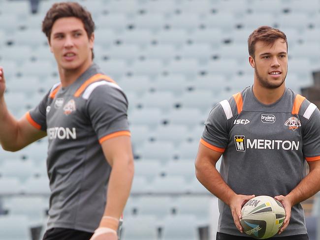 Halves Mitchell Moses and Luke Brooks during a training session.