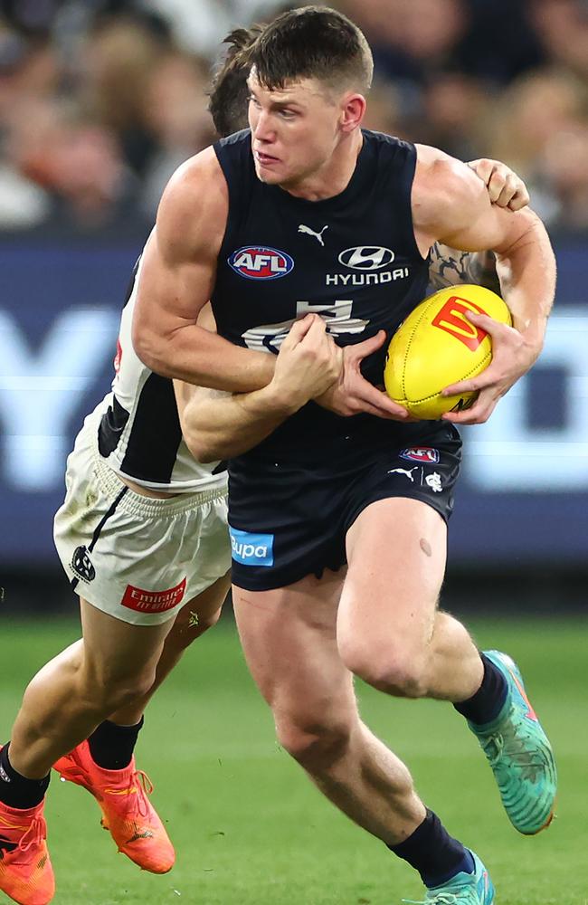 Carlton coach Michael Voss said the late Nick Daicos goal which sunk the Blues last Friday was due to a team defensive breakdown rather than an error from Sam Walsh (pictured). Picture: Quinn Rooney / Getty Images