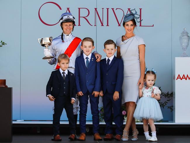 Kerrin McEvoy and wife Cathy with their children, Jake, Rhys, Charlie and Eva. Picture: KARON Photography