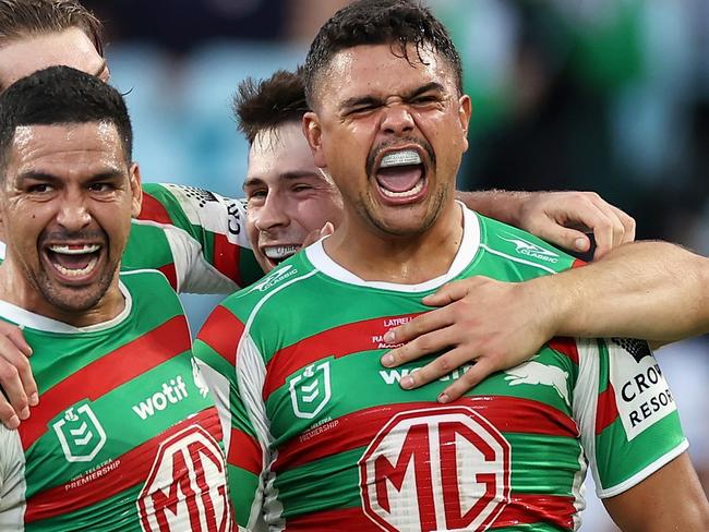 SYDNEY, AUSTRALIA - APRIL 02: Latrell Mitchell of the Rabbitohs celebrates scoring a try with Cody Walker of the Rabbitohs and team mates during the round five NRL match between Canterbury Bulldogs and North Queensland Cowboys at Accor Stadium on April 02, 2023 in Sydney, Australia. (Photo by Cameron Spencer/Getty Images)