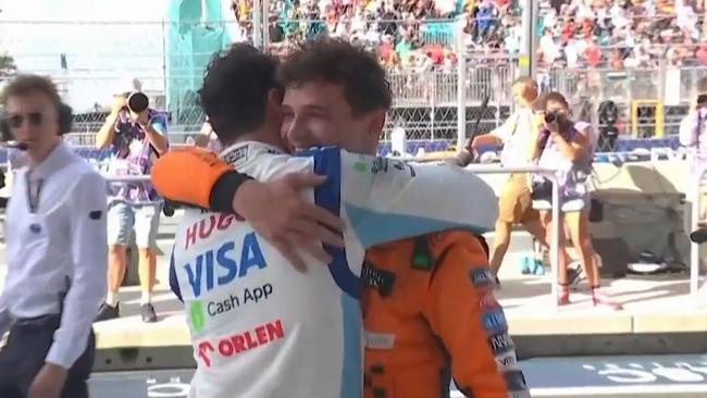 Danny Ric hugs Lando after the race. Photo: Fox Sports.